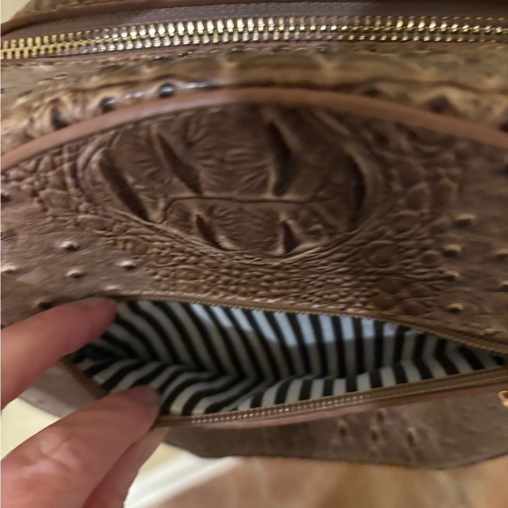 Round Croc-Embossed Crossbody Bag | Brown Ostrich Texture | Top Handle & Strap - Picture 4 of 9
